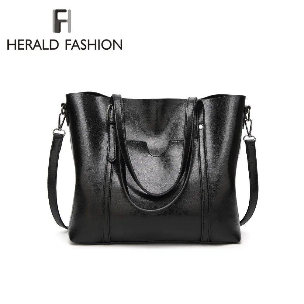 

Herald Fashion Oil wax Women's Leather Handbags Luxury Female Shoulder Bag With Purse Pocket Ladies' messenger bag Big Tote Sac