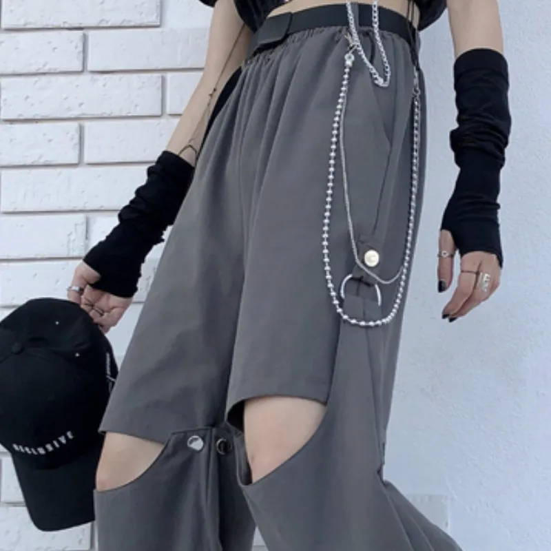 

Casual Pants Women Summer Cargo Loose Patchwork Elastic High Waist Shashes Removable Chic Design Trendy