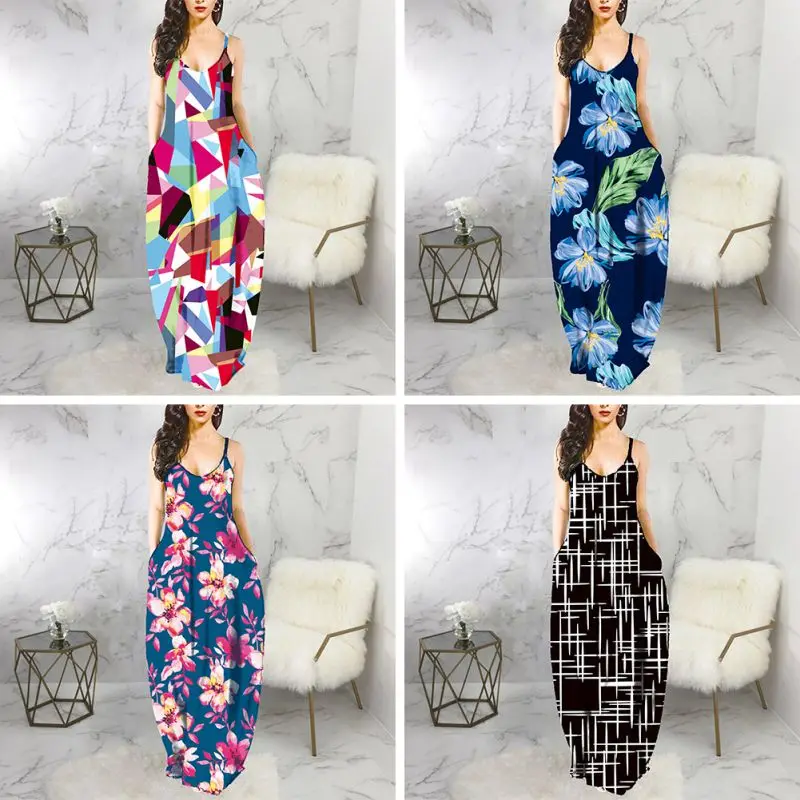 

Women Camisole Bohemian Print Dresses Fashion Summer Large Size Loose Sleeveless V-neck Dress