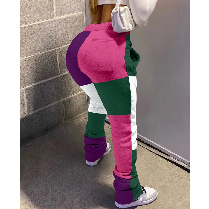 

2021 Autumn New Women's Trousers Contrast Color Sports Casual Drawstring Pile Pants Warm Women's Pants Plus Size