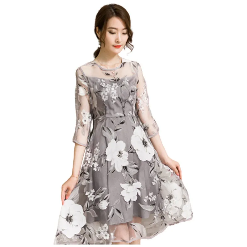 

Print Dress For Women 2021 Summer New Elegant Slim Three-quarter Sleeves Round Neck Organza Dresses Female LR1176