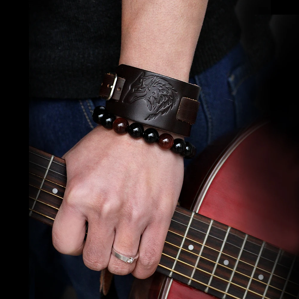 

Ornament Wolf Head Embossed Men's Bracelet Punk Rock Leather Bracelet Wholesale Dropshipping
