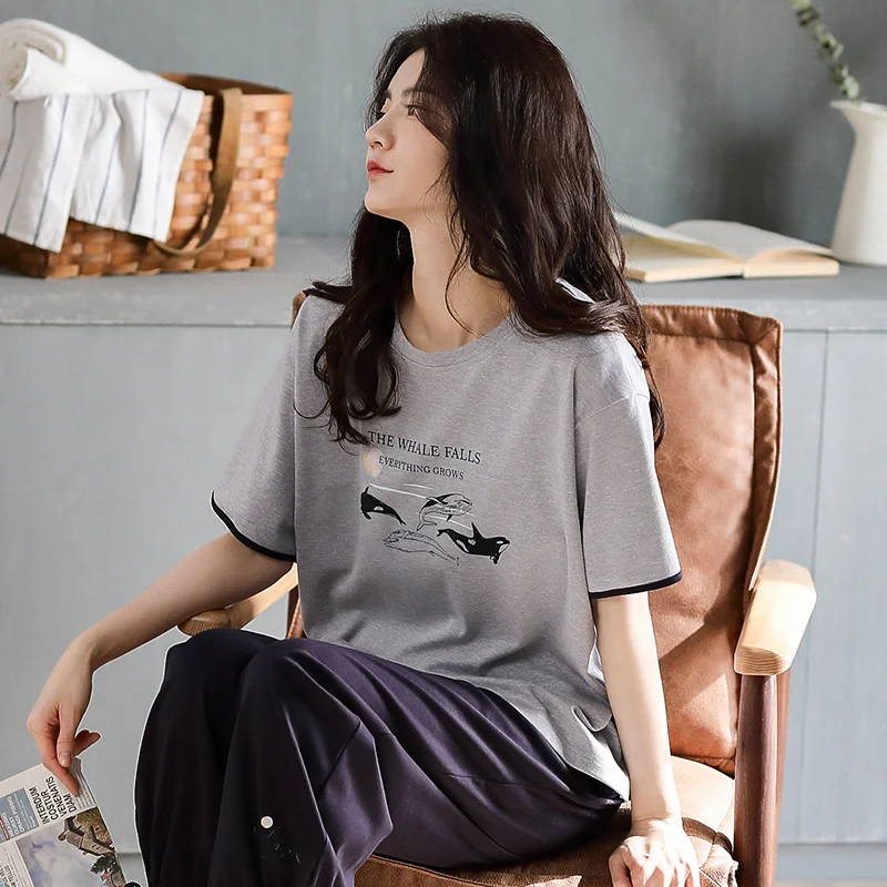 

New Summer Cartoon Pattern Pajamas Sets For Women Cotton Women's Summer Short-sleeved Long Trousers Two-piece Kawaii Homewear