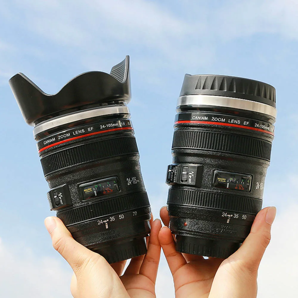 

SLR Lens Coffee Mug Travel Coffee Tea Cup Stainless Steel Mug Lens Creative Cup Brushed Liner Black Camera Water Cup Tumblers