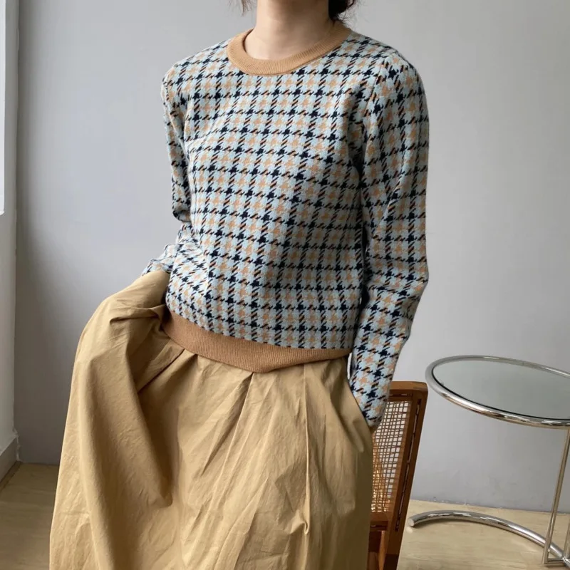 

2021 Autumn New Women Knitted Sweater Round Collar Plaid Long Sleeve Loose Pullovers Sweater Winter Female Knitted Tops Knitwear