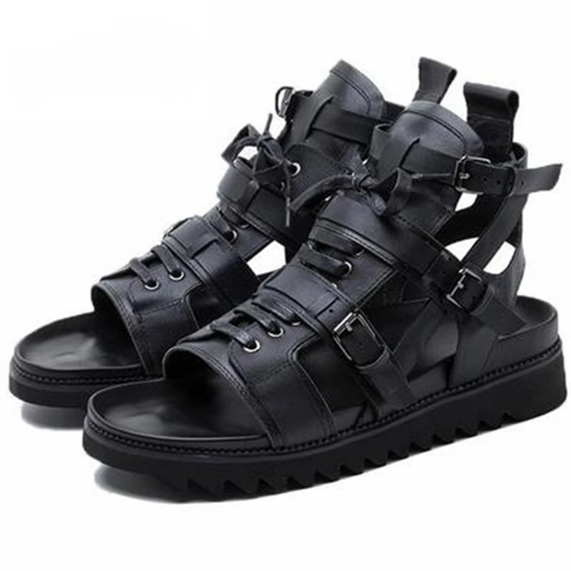 

Summer Men's Sandals Genuine Leather Flats Moccasins High Top Peep Toes Cross-Tied Ankle Buckle Strap Male Casual Shoes Loafers