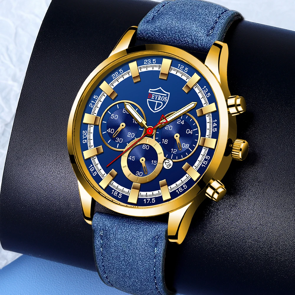 

Dropship Mens Luxury Business Watches Blue Leather Quartz Wrist Watch Male Sports Calendar Luminous Clock Gold Relogio Masculino