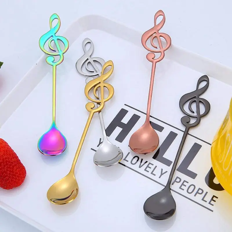 5 Pcs Stainless Steel Spoon Coffee Note Shape Music Theme Tea Stirring Small Ice Cream Dessert Scoop Creative Flatware | Дом и сад