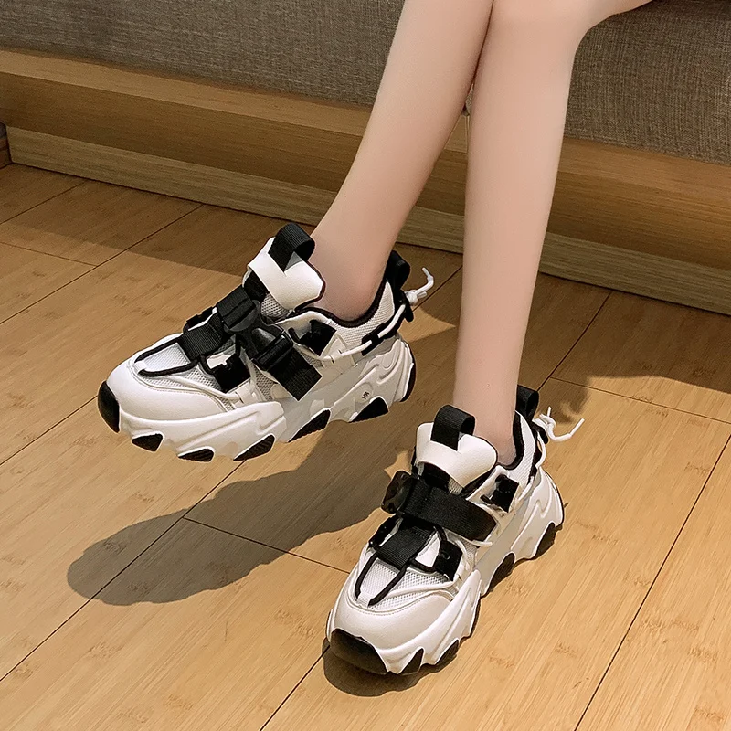 

High Platform Sneakers Women Shoes Couple Chunky Sneakers Women Vulcanized Shoes Buckle Dad Shoes Plus