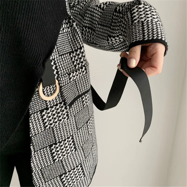 

Korean Women Plaid Patchwork Fake Two-Piece Knitted Sweater 2020 Spring Autumn New Turtleneck Chic Casual Pullover Sweater Top
