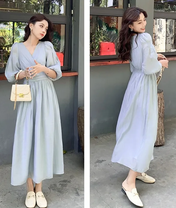 

2021 French Autumn Women's Midi Dress Femme Robe Puff Sleeve Fashion Sexy V-Neck Vintage Dress Lady Clothing