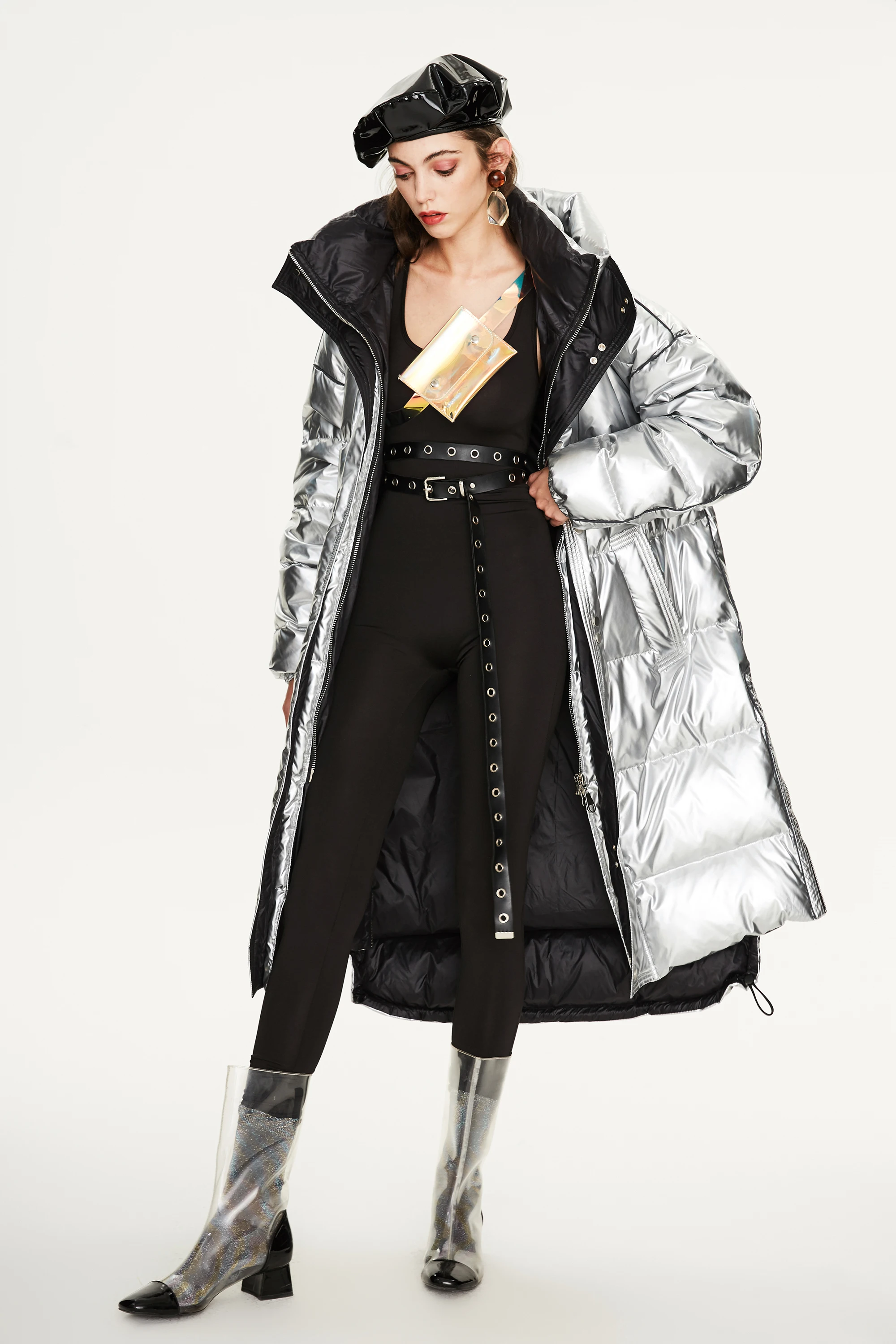 Женский удлиненный пуховик серебристый утепленный свободный для пар новинка 2020 |