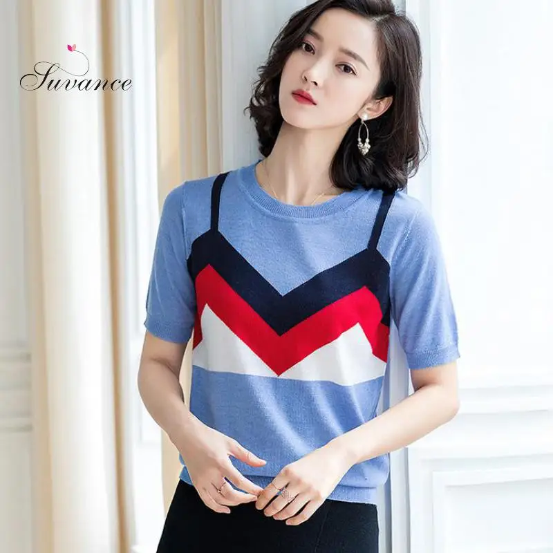 Summer Autumn Office Lady Knitted O Neck 2 Color Pullover Fashion Patchwork Short Sleeve Size S-xl Women Sweater Jl-aym1912 | Женская