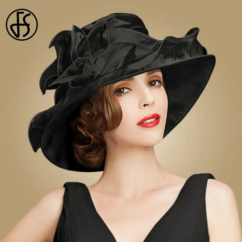 Женская шляпка с широкими полями FS Шляпка из органзы цветами черного цвета для