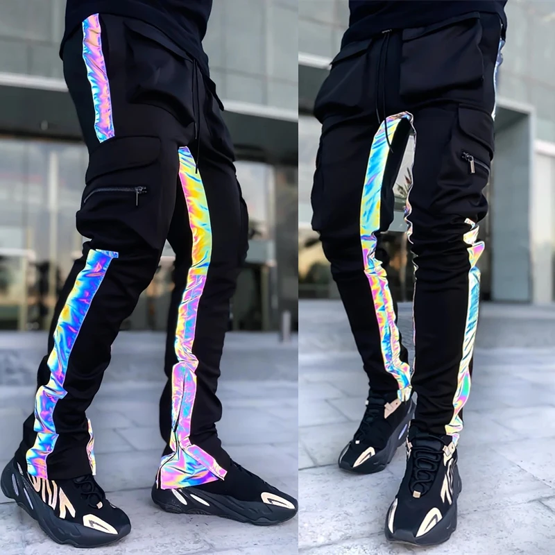 

Men Streetwear Hip Hop Dance Pants Cool Boy Trendy Colorful Reflective Stripe Sweatpants Elastic Waist Joggingbroek Tracksuit