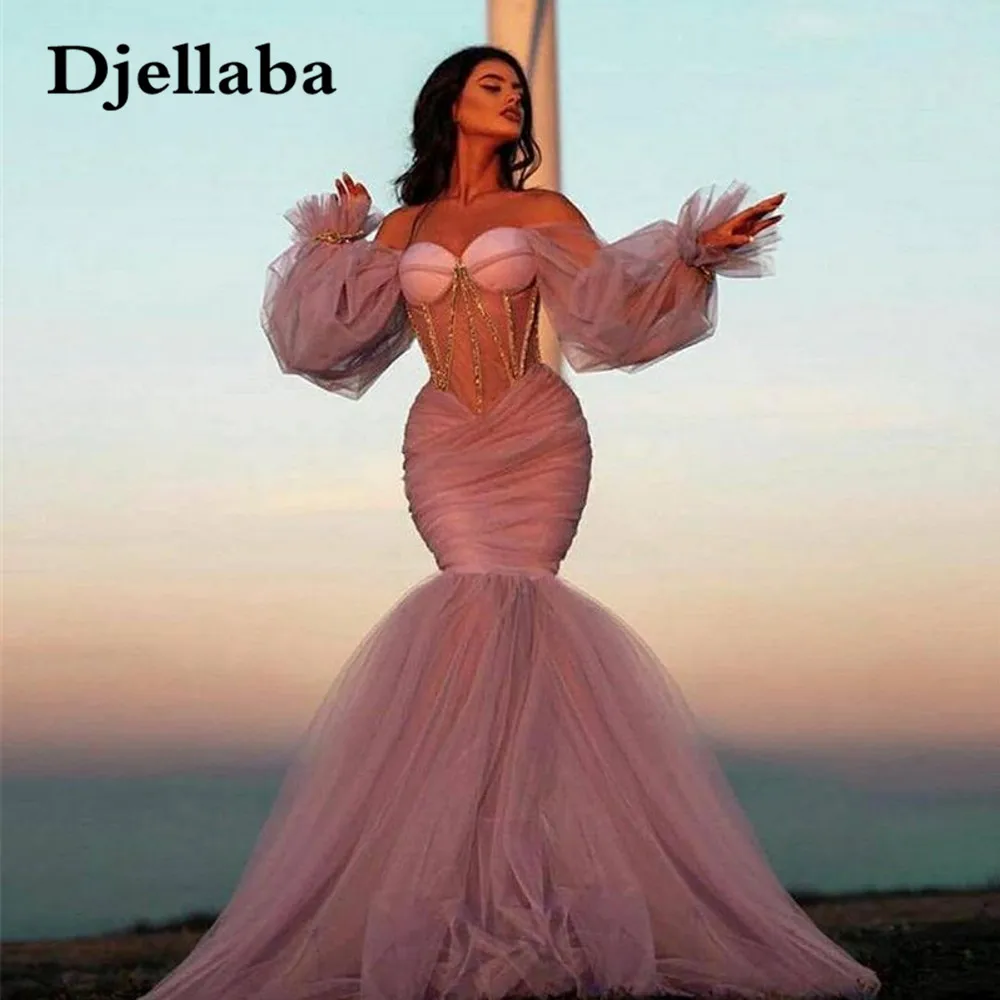 

New Middle East Off Shoulder Mermaid Long Evening Party Dresses Elegant Full Sleeves Ruched Prom Gowns Sexy robe de soiree
