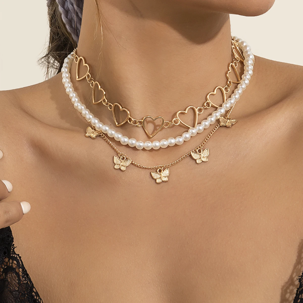 

Layered Chain Heart/Butterfly Pendant Necklace for Women Pearl Beads Short Choker Necklace Collar 2022 Fashion Jewelry Girl Gift