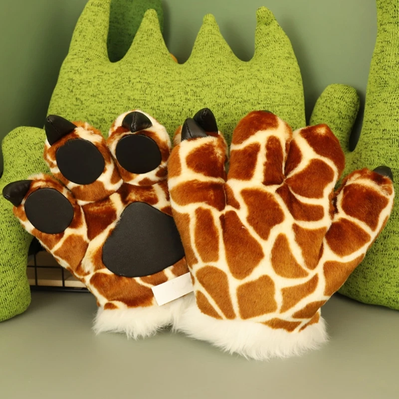

1 Pair Cute Simulation Giraffe Paw Plush Gloves Fluffy Animal Stuffed Toys Padded Hand Warmer Halloween Cosplay Costume Finger M
