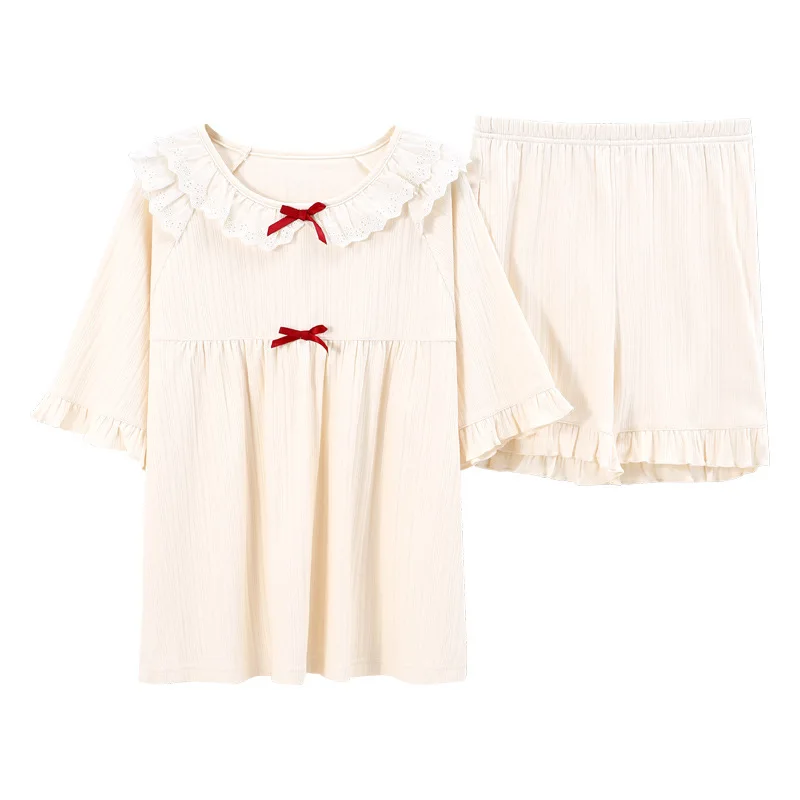 

Pajamas women's summer combed cotton short-sleeved princess style lace drawstring cute ladies home wear can be worn outside
