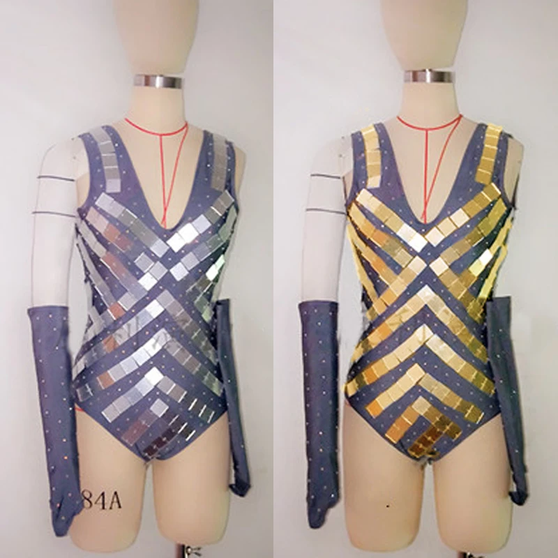 

Stretch Jumpsuit Women Singers DS DJ Cosutme Evening Party Entertainer Bodysuit Nightclub Stage Silver/Gold Mirror Costume 1950