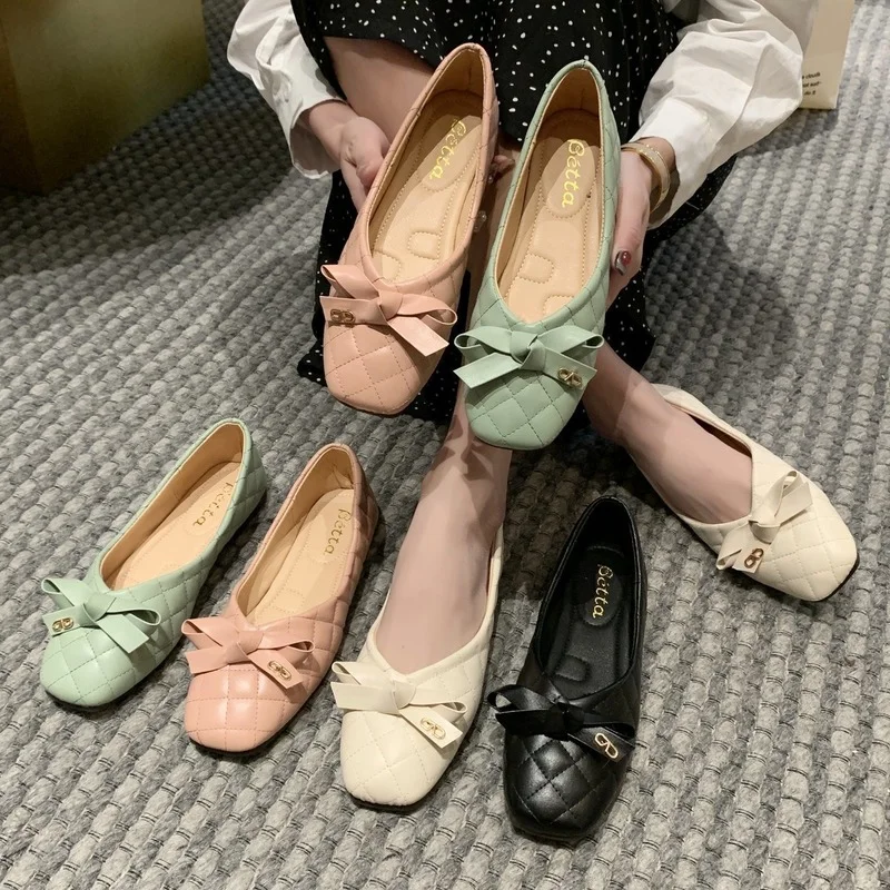 

Spring New Bow Leather Flat Shoes Woman Asakuchi Lattice Design Candy Colors Casual Lazy Shoes Fashion Comfort Loafers Ladies