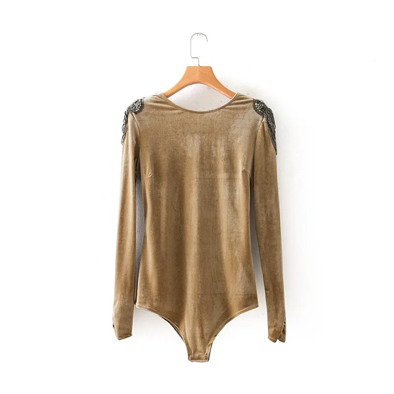 

Black Bodysuits women's solid Beaded back V-neck high waist slim sexy long sleeve Jumpsuit