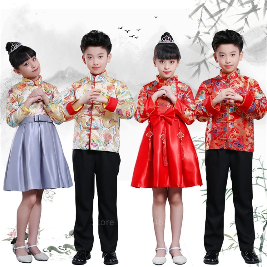 

os meninas roupas de ano novo chins tradicional drago bordado tang terno crianas palco festa festival oriental hanfu