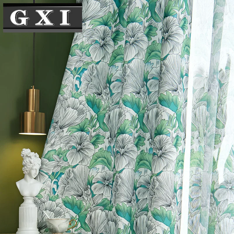 

Green Printed Flowers Blackout Curtains For Living Room Tulle Sheer Curtains for Bedroom Window Fabric Drapes Home Decor