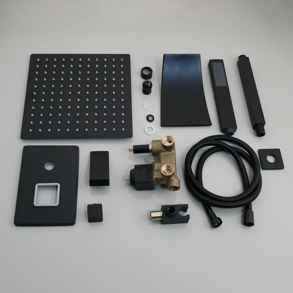 KEMAIDI Matte Black Bathroom Shower Faucet Rainfall Tub LED Bathtub Rain Square Head Waterfall Set | Обустройство дома