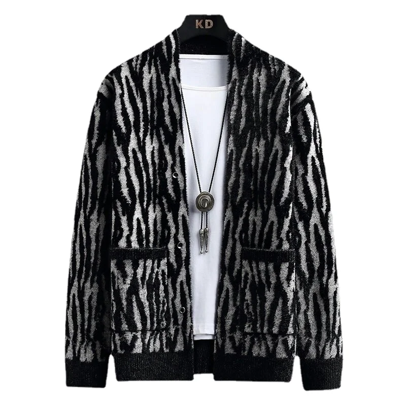 

Men's Large Size Imitation Sable Versatile New Knitted Cardigan Leopard Jacquard Suit Korean Spring and Autumn Coat Young Style