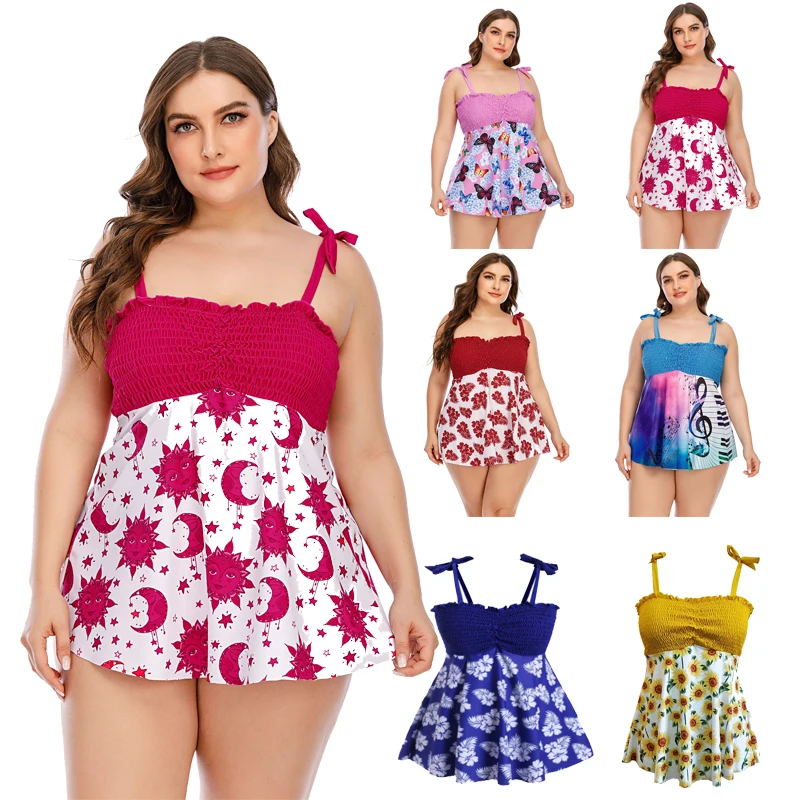 

Two Piece Swimsuit Solid Print Stitching Pleated Bow Sling Top Bikini Bottoms Summer Women Swimwear Plus Size Bathing Suit 5XL