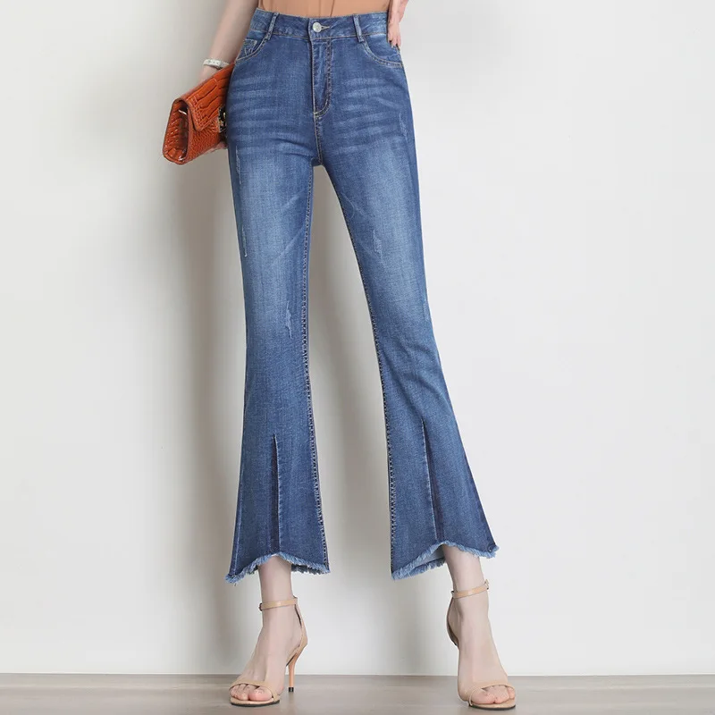 

Женские джинсы с завышенной талией, повседневные облегающие брюки-клеш из денима с бахромой, модель 2021 на лето, 1839