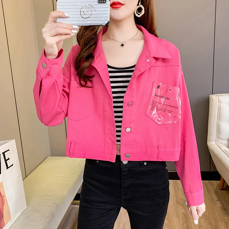 

Embroidered Letter Printing Cropped Denim Crop Jacket Women 2021 Autumn Korean Red Cotton Casual Button Cardigan Overalls Coats