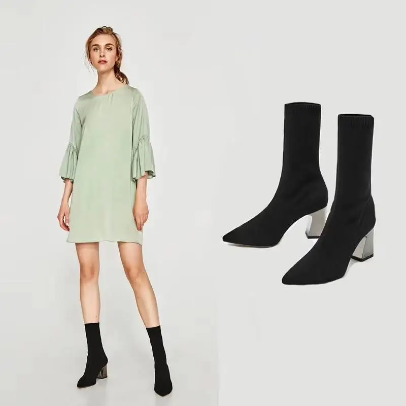 Короткие сапоги женская обувь Тонкие острые грубые с черными сапогами