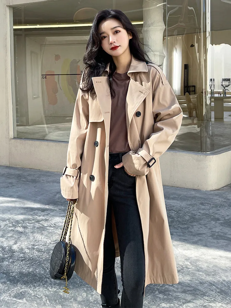 

Women's Windbreaker Spring And Autumn New Korean Fashion Loose Solid Color Wild Double-breasted Long-sleeved Feminine Coat M080