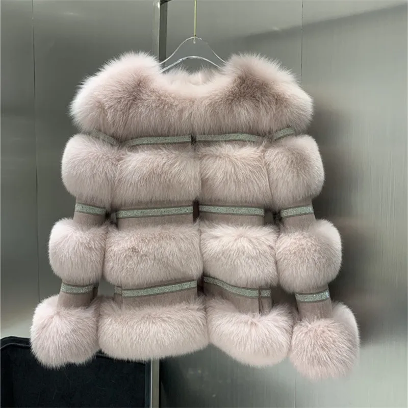 2022 Winter New Real Fox Fur Coat Women Genuine Fox Fur Jacket Splicing Cashmere Woolen Fur Coats With Crystal Diamonds