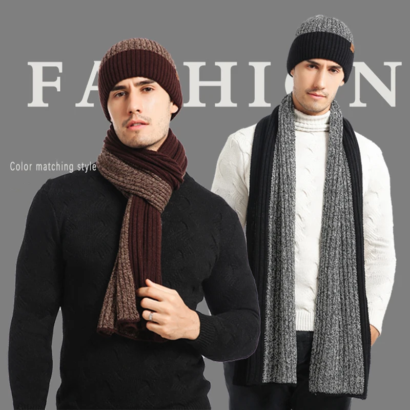 

Thickened knitted hat scarf gloves in autumn and winter 3 pcs / set men's and women's warm fashion hat scarf gloves set