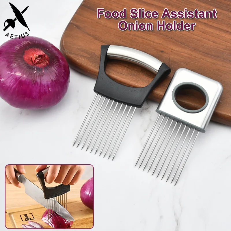 

2pcs Food Slice Assistant Vegetable Holder Stainless Steel Onion Cutter Chop Fruit Vegetables Cutter Slicer Tomato Cutter Knife