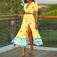 2021 women holiday summer floral print patchwork crop tops high slit maxi dress two piece set suit sexy long beach skirt