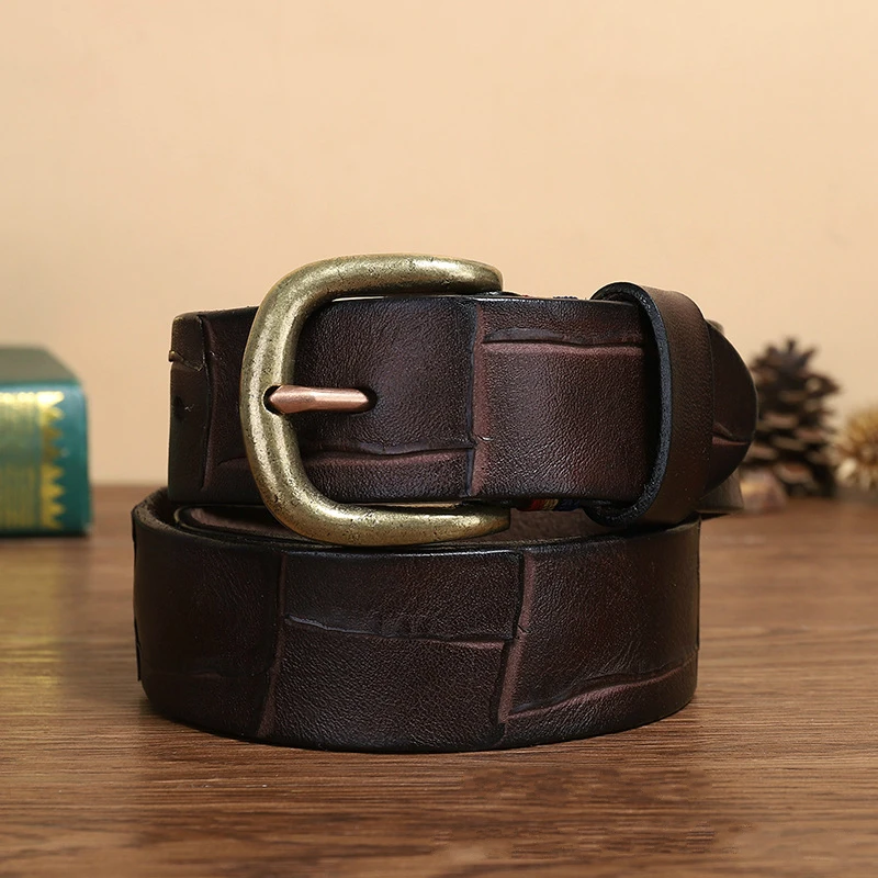 

Genuine Leather Belt Male Vintage Pure Handmade Knife Mark Needle Buckle Men Fashion Trend Copper Buckle Cowhide Women Belts
