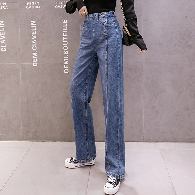 Модные синие джинсы с высокой талией для женщин в Корейском стиле свободные