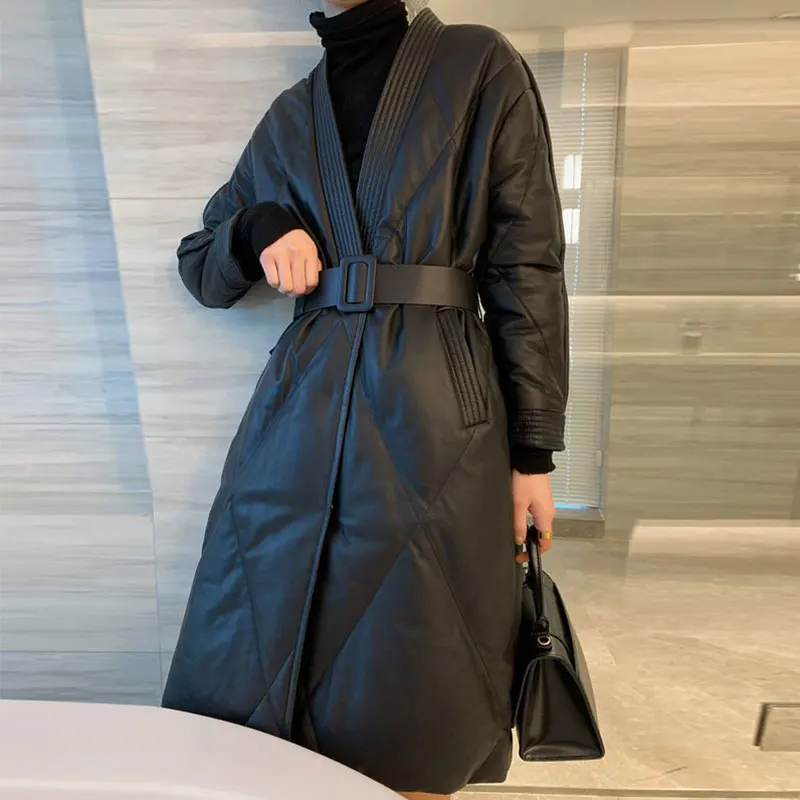 

New Leather Clothing Women 2021 Autumn Winter Fashion PU Down Cotton Mid-Length Black Waist Temperament Jacket Female