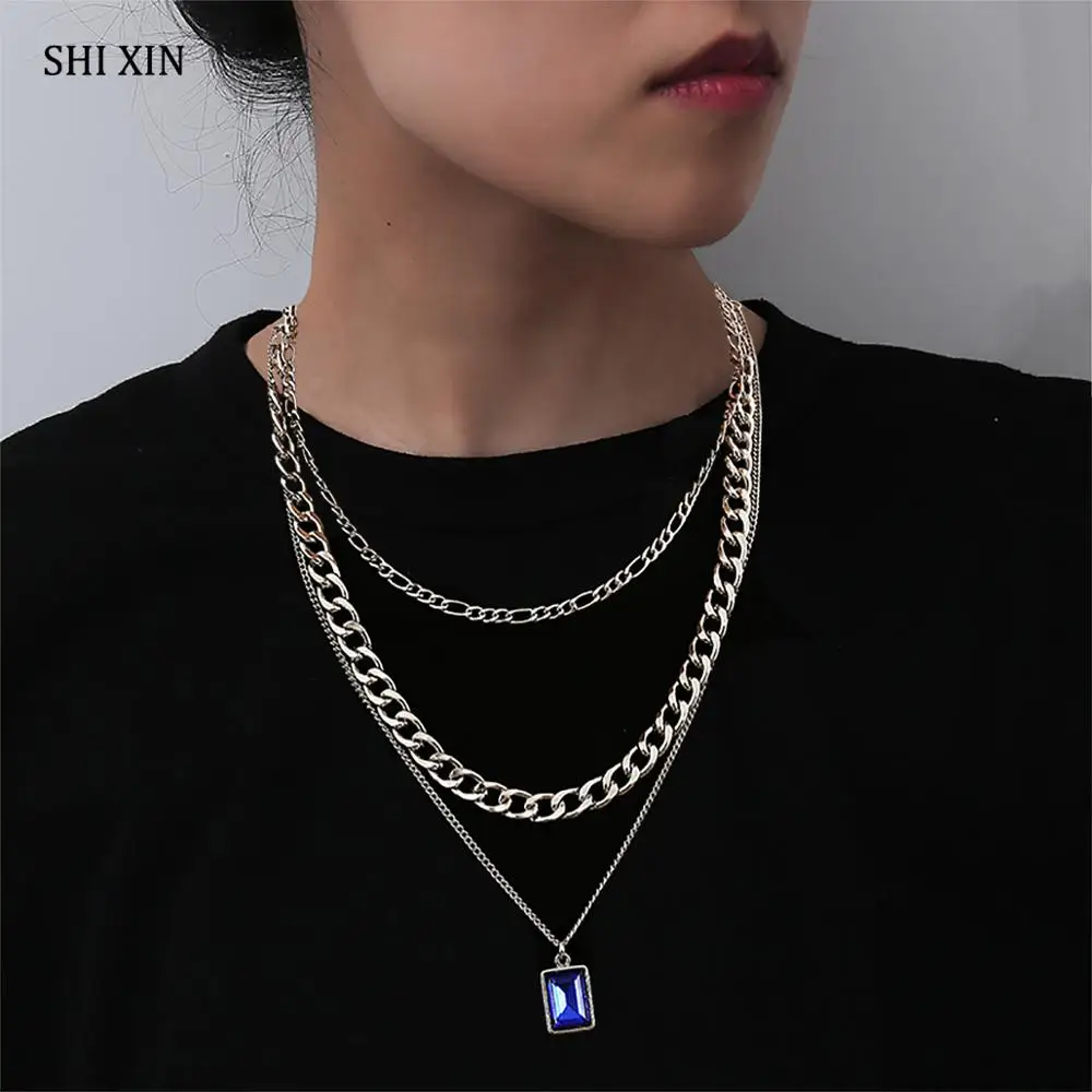 SHIXIN 3 шт./компл. хип хоп многослойное крупное ожерелье цепь с синим кристаллом для