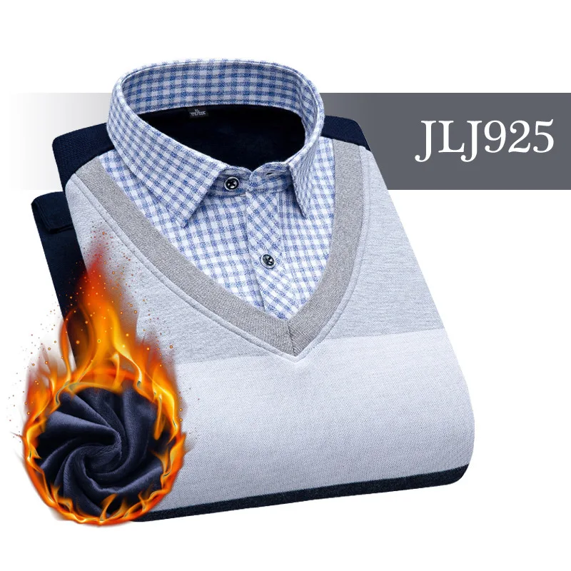 JLJ925 Мужская одежда, рубашки с вышивкой, в полоску, макет, из двух частей, платье, рубашка, имитация двойки, длинный рукав, толстый бархат, свитер, рубашки - Цвет: JLJ925