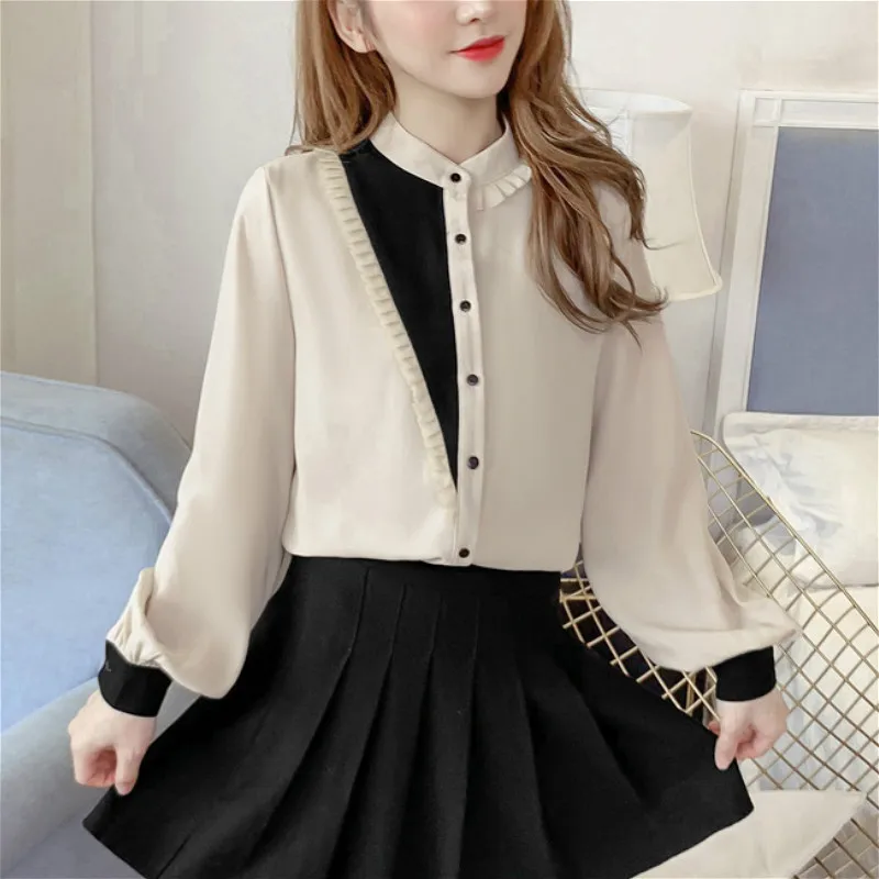 

Kimutomo Casual Patchwork Chiffon Blouse 2021 Spring Autumn Fashion Female Stand Collar Contrast Color Panelled Long Sleeve Tops