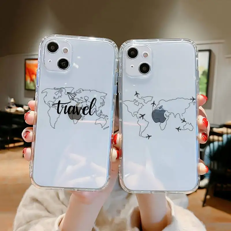 

travel Airplane world map line Phone Case Clear Transparent for iPhone 11 12 13 mini pro XS MAX 8 7 6 6S Plus X 5S SE XR 2020
