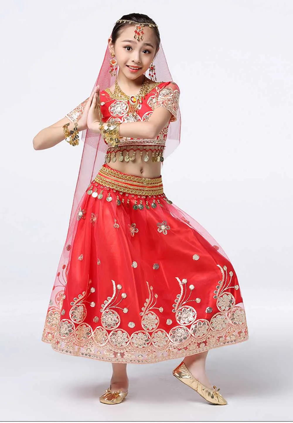 

Girls Belly Dance Costume Set Kids Belly Dance Chiffon Outfit Top Belt Skirt Veil Headpiece