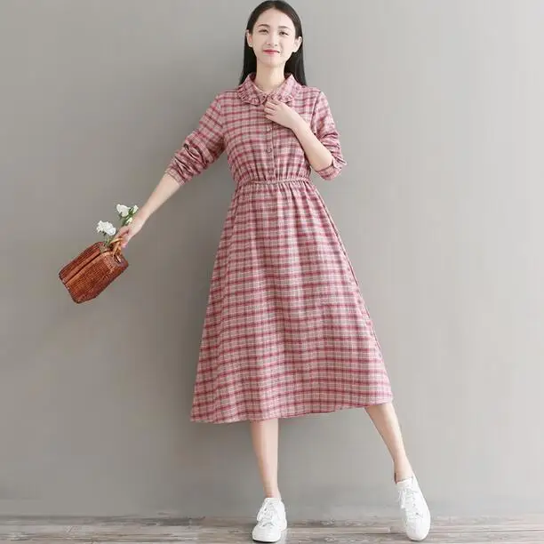 Весенне-осеннее женское элегантное клетчатое платье миди с воротником Питер Пэн