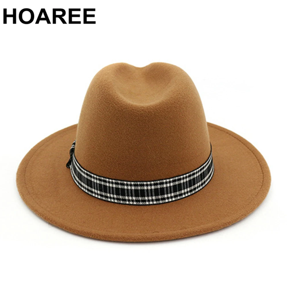

HOAREE Woolen Fedora Hat Women Panama Jazz Cap Khaki Winter Tribby Female Vintage Tweed Felt Hat Ladies Brand Wide Brim Hat