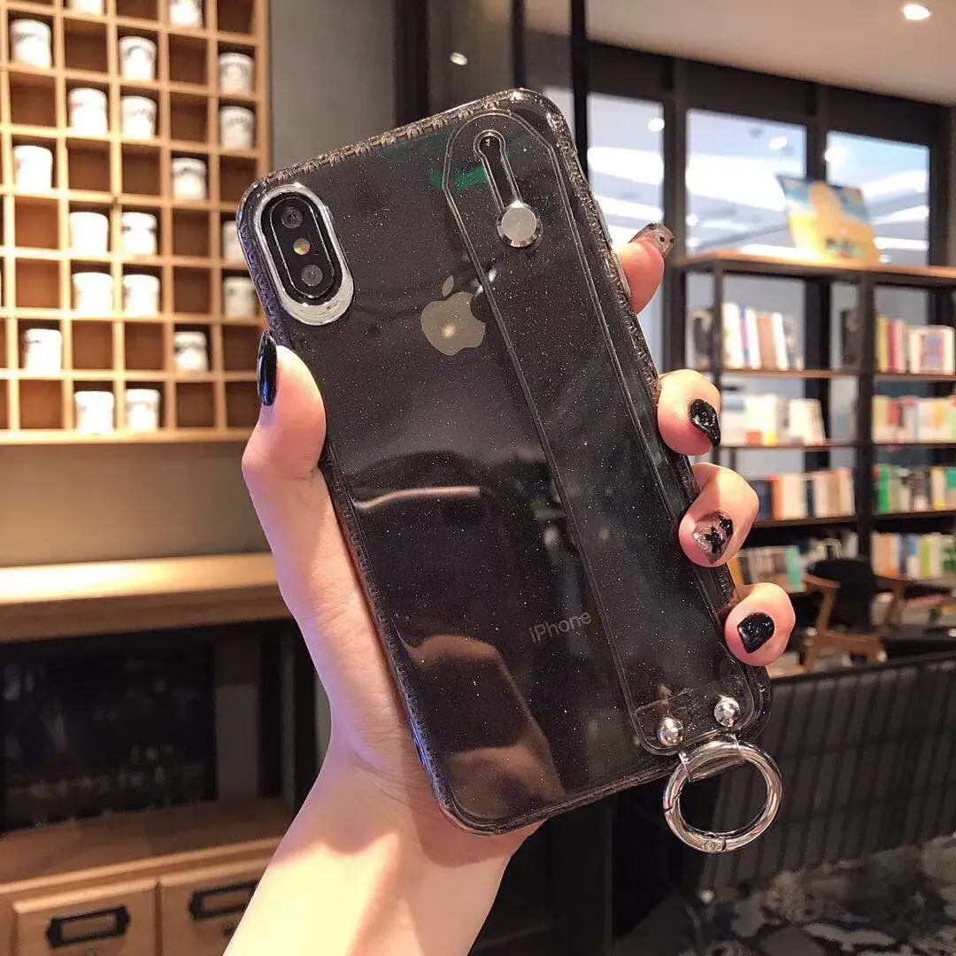 Glitter Powder Holder Phone Case For iPhone X XR XS Max 6 6S 7 8 Plus Transparent Soft TPU Wrist Strap Shockproof Back Cover | Мобильные